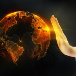 A picture of the world as a globe, and a hand next to it as if to say, stop.